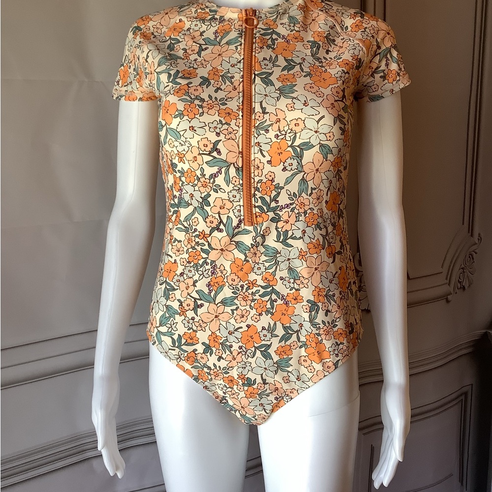Cupshe Cream One-Piece Zip-Front Floral Swimsuit with Orange Accents
